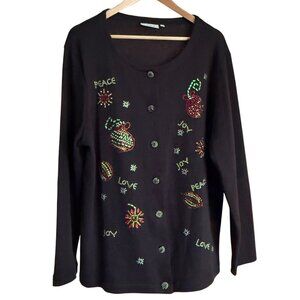 Vintage Holiday Sweater Beaded Joy Peace Ornaments Black Long-Sleeve Button-Up